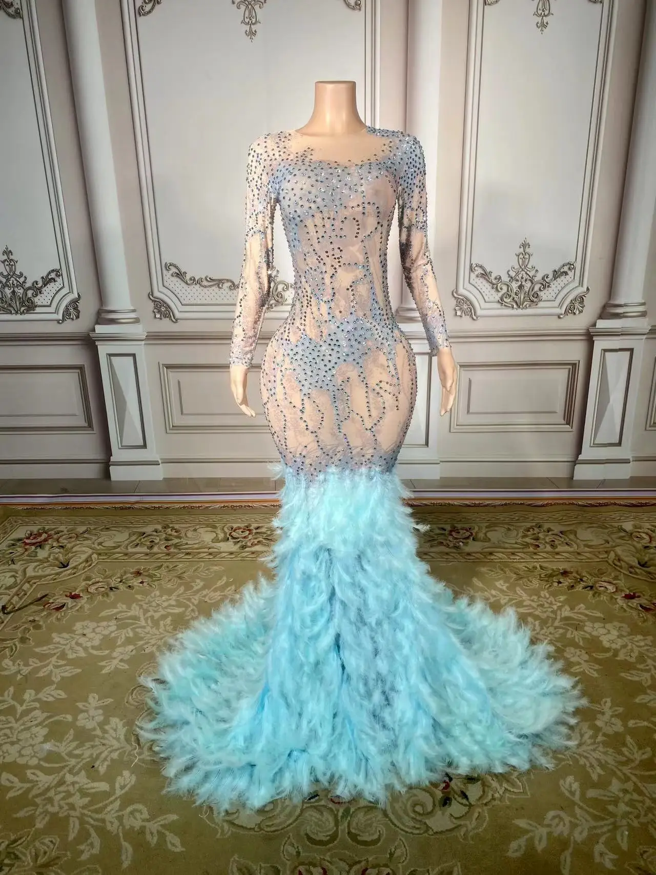 

ZD Sexy Transparent Celebrate Evening Prom Gown Birthday Dress for Women Sparkly Rhinestones Feather Dress Festival Outfit