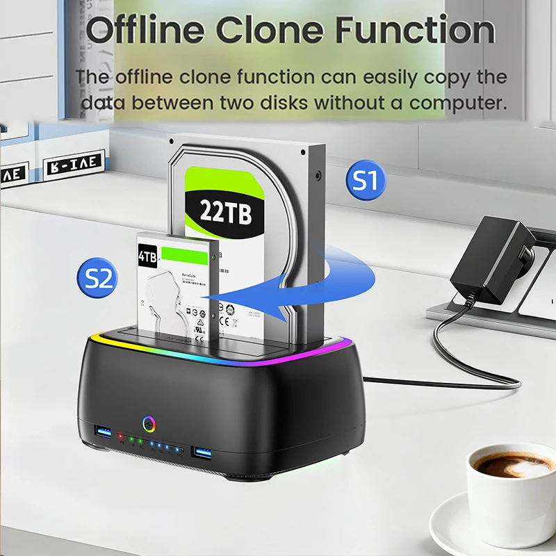 RGB 듀얼베이 HDD 도킹 스테이션 SATA to USB 3.0 어댑터 2.5/3.5인치 HDD 케이스 원클릭 오프라인 복제 하드 드라이브 인클로저
