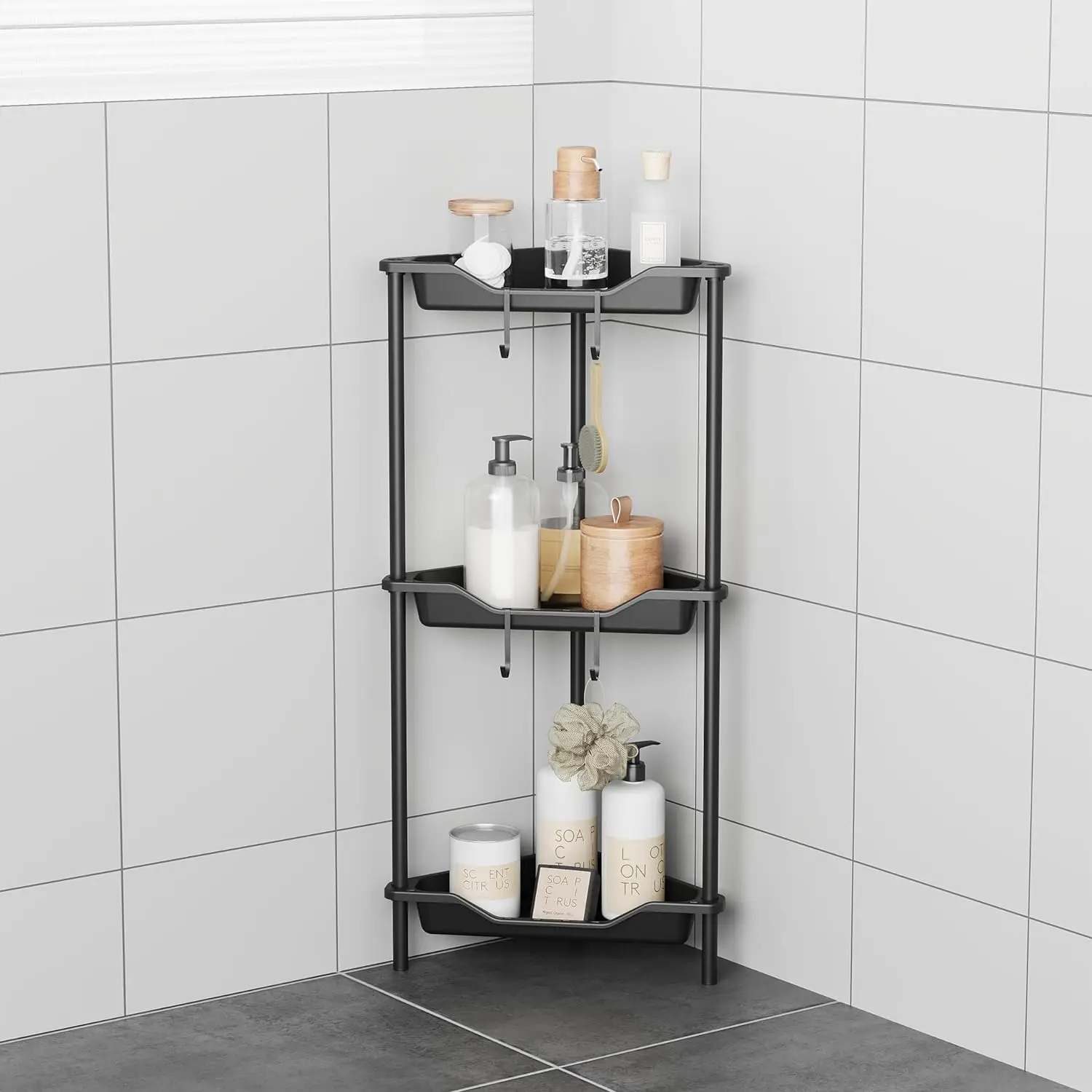 

3 Tier Floor Standing Corner Shower Caddy Organizer Plastic Metal Splicing Shelf Storage Rack for Bathroom
