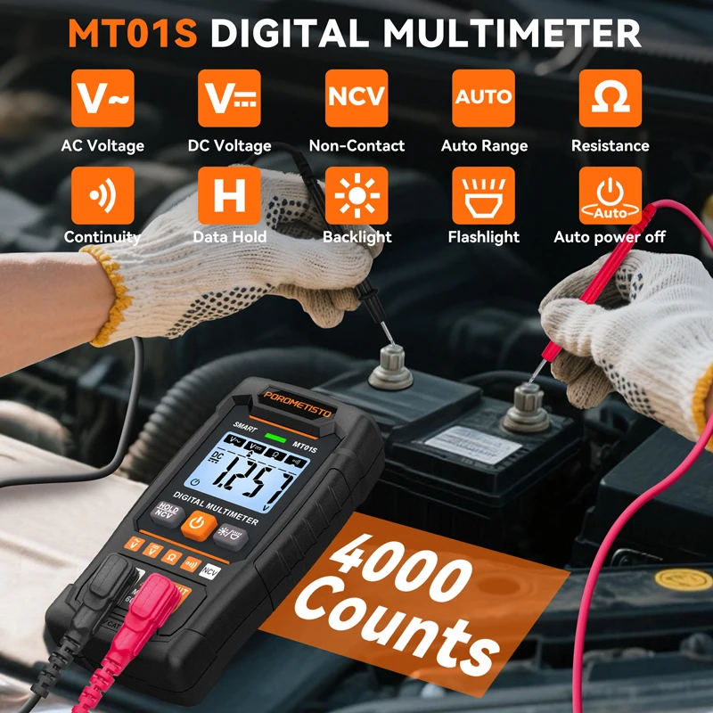 POROMETISTO MT01S 디지털 멀티미터 4000 카운트 자동 범위 멀티테스터 0.8-600V AC/DC 전압 옴 NCV 연속성 테스트 도구