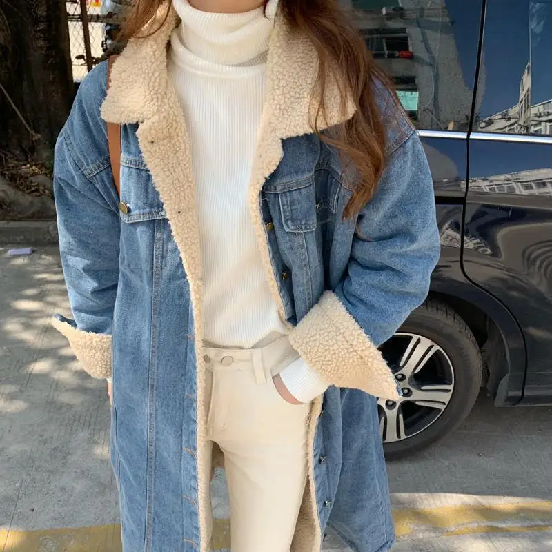CGC Winter Lambswool Denim Jacket Women Korean Fashion Cotton Padding Long Coat Thickened Warm Female Winter Outerwear Parkas