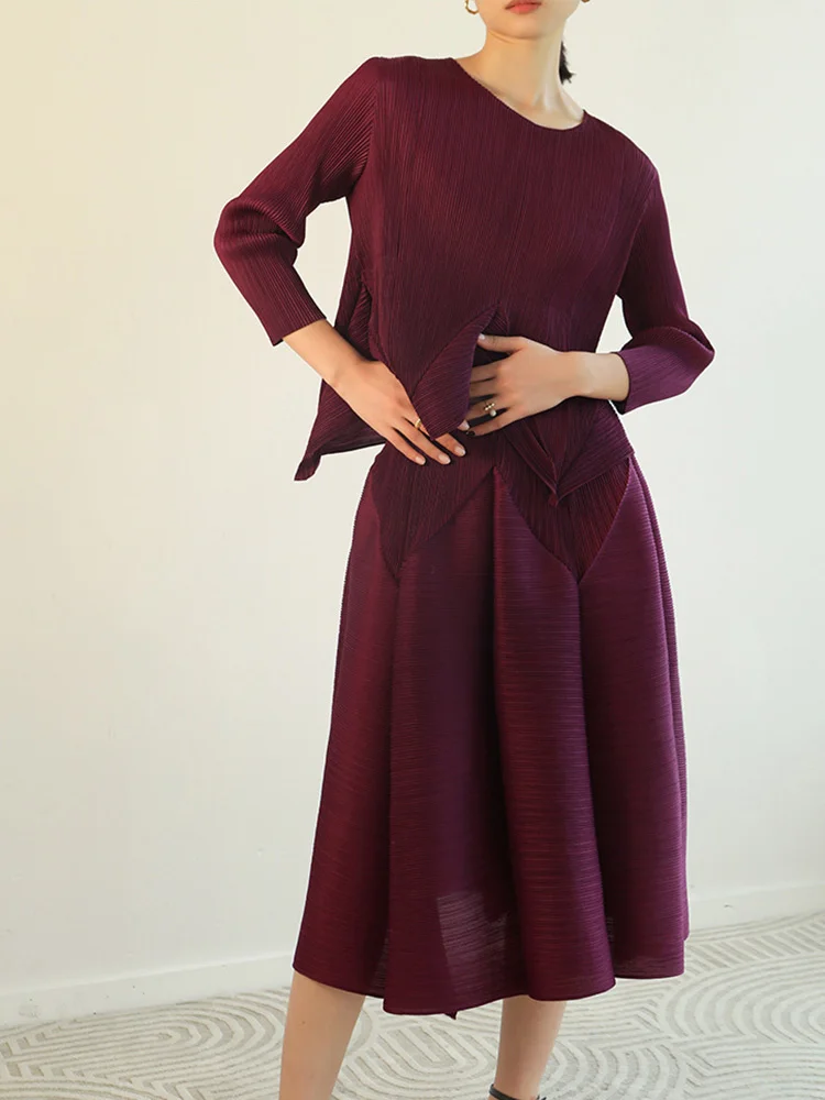

Miyake Two Pieces Sets For Women Round Neck Fold T-shirt With Pleated Lantern Skirt 2023 Autumn Summer Elegant Clothing