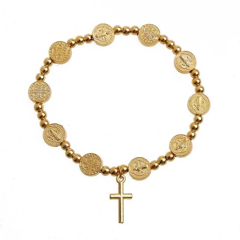 652F Bracciale A Catena Con Rosario Cattolico Religioso In Oro Con Crocifisso Per Croce E M