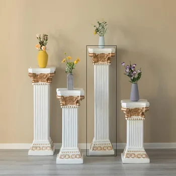 Decorative Modern Fiberglass White and Gold Plinth Roman Style Column Ionic Pedestal Vase Stand for Wedding,Living Room,49 inch