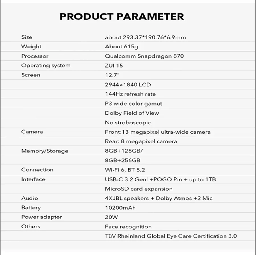 Lenovo Xiaoxin Pad Pro 12.7 inch Original Qualcomm Snapdragon 870 2944*1840 LCD Tablet Screen 144Hz Android 13 Tablets 128G 256G 6
