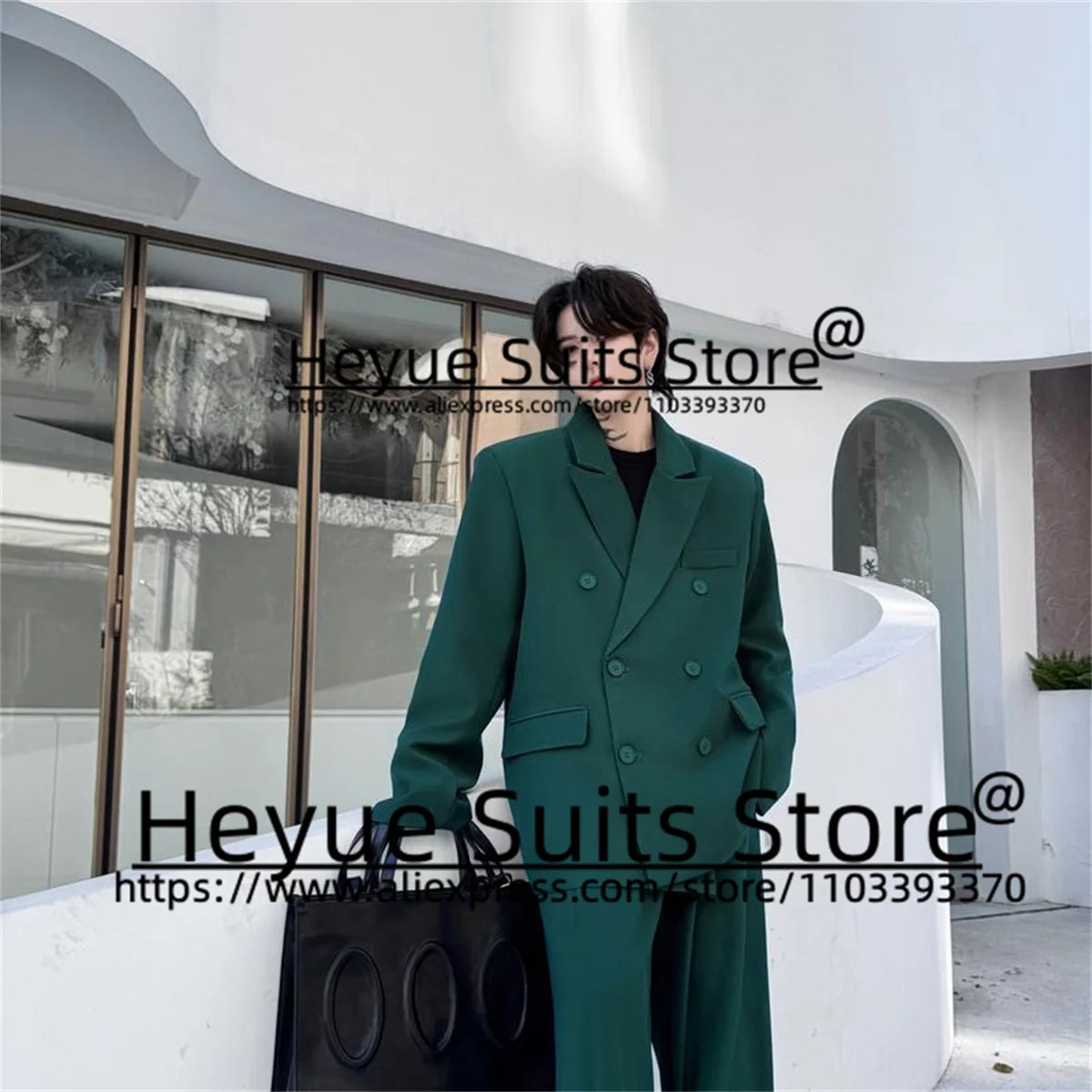 Korean Fashion Green Double-breasted Men Suits Slim Fit Peak Lapel Groom Proom Tuxedos 2Pcs Sets loose Male Blazer Costume Homme