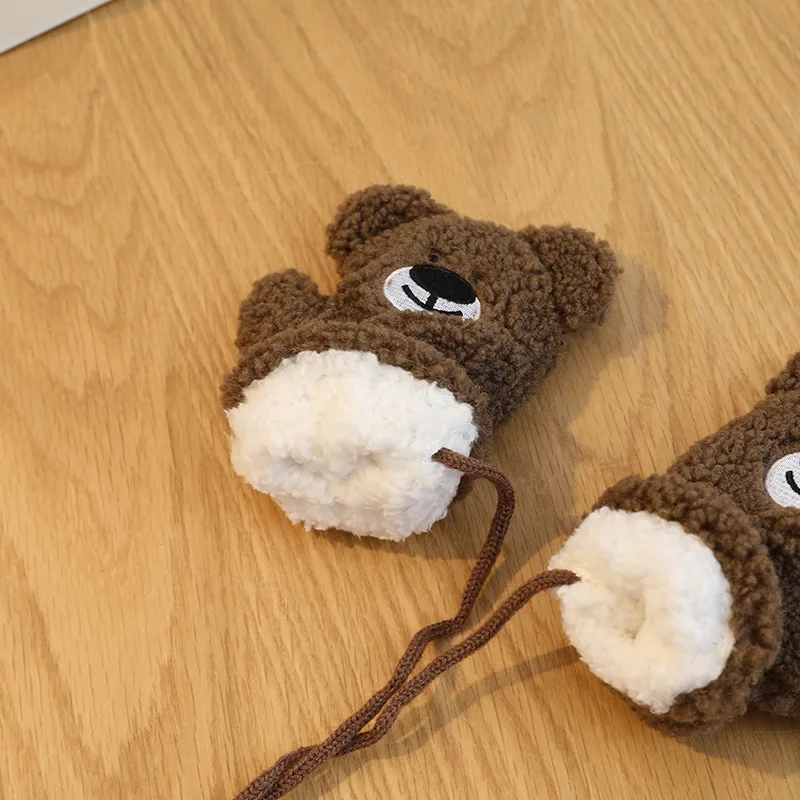 2-6 Years Children Lamb Wool Neck Hanging Gloves Autumn Winter Thick Warm Cute Cartoon Boys Girls Baby Mittens Kids Accessories