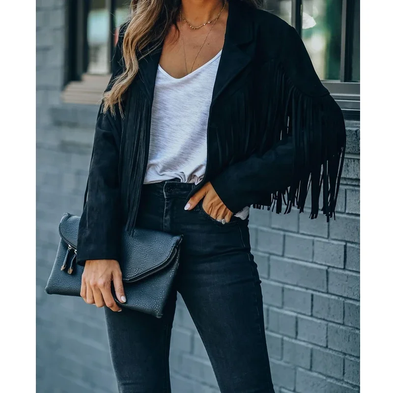 2023 Autumn Fringed Bomber Jacket Women Spring Fashion Long Sleeve Turn-down Collar Open Stitch Slim Pink Jackets Streetwear