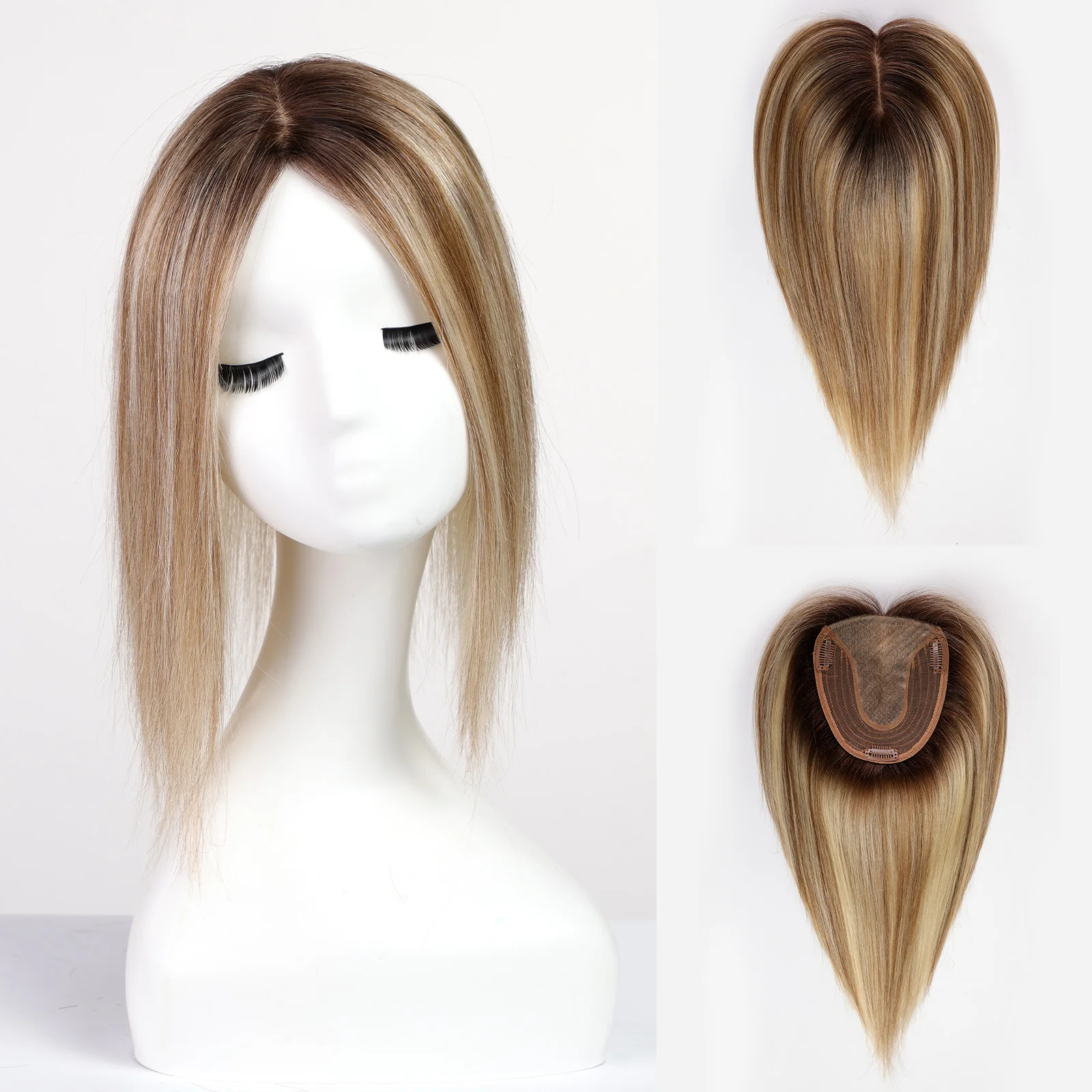 Blonde Gray Brown Remy Human Hair Toppers for Women 100% Remy Human Hairpieces Silk Base Clips in Hair Straight 12inches Toppers hair toppers