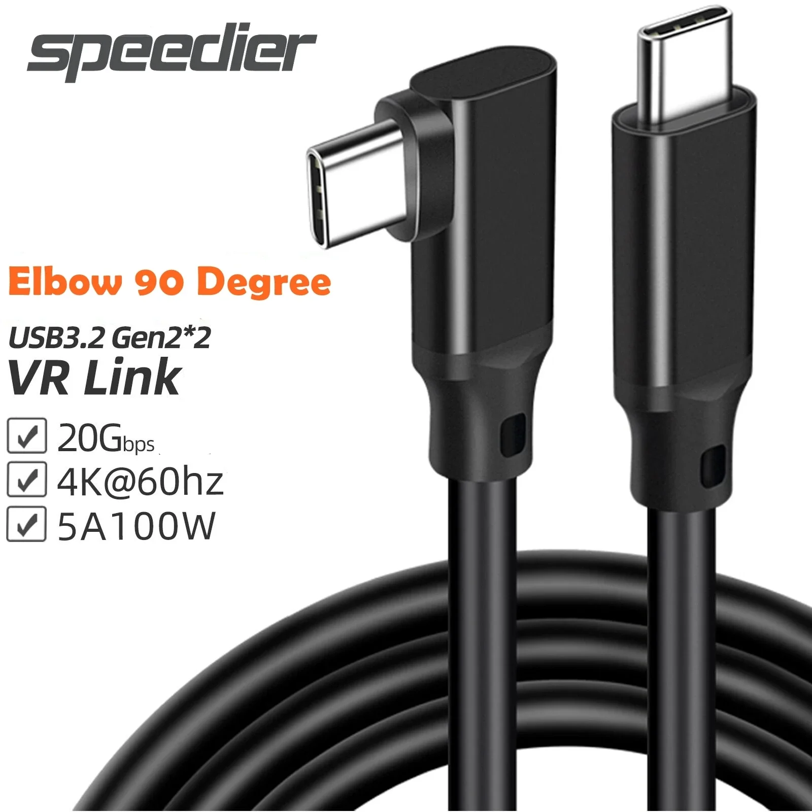 USB C에서 C타입 데이터 케이블, 90 도 각도 VR 링크, USB 3.2 3.1 Gen2, 20Gbps, 4K @ 60Hz, 100W PD, 0.2m/0.5m/1m/2m/3m 고속 충전 코드