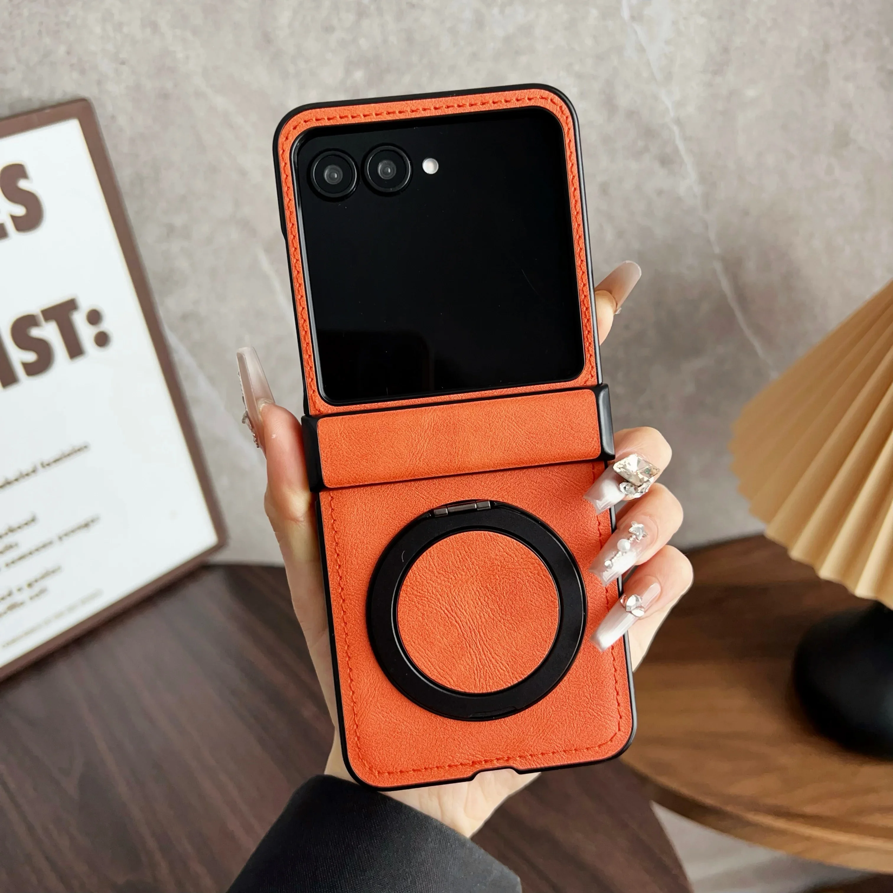 Elegant Retro PU Leather Phone Case with Rotatable Holder and Anti-Drop Back Cover