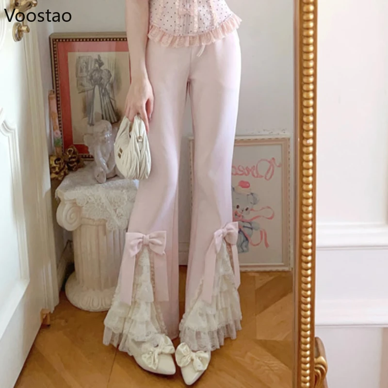 Pink Sweet Lolita Style Pants Women Vintage Kawaii Bow Lace Ruffles Flared Pants Female Korean Elegant Casual Fairy Trousers