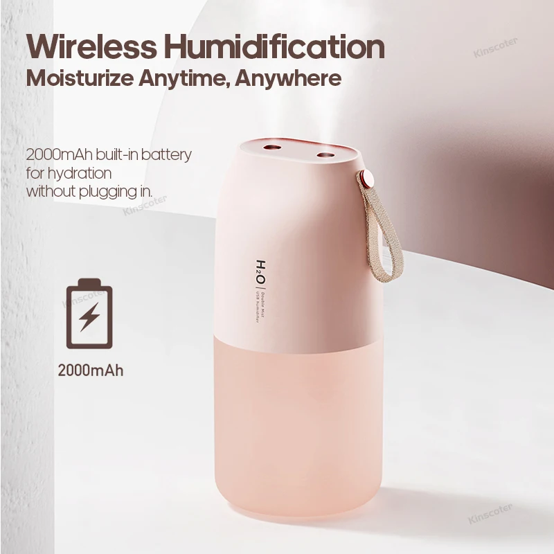 2 Spout Air Humidifier 2000mAh Ultrasonic Cool Mist Humidifier 300ml Aroma Diffuser Purifier Air Freshener Warm Night Light