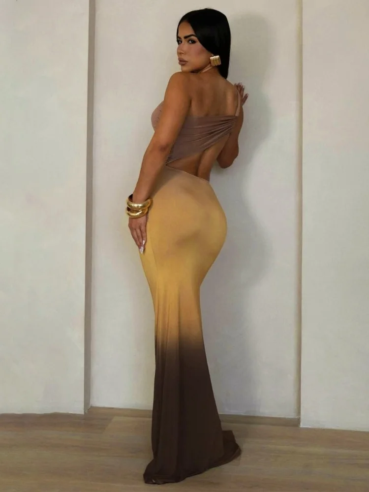 Wmstar Dress Wholesale Hot Selling European American Foreign Trade Clothing Sexy Waist Exposing Gradient Single Shoulder Summer