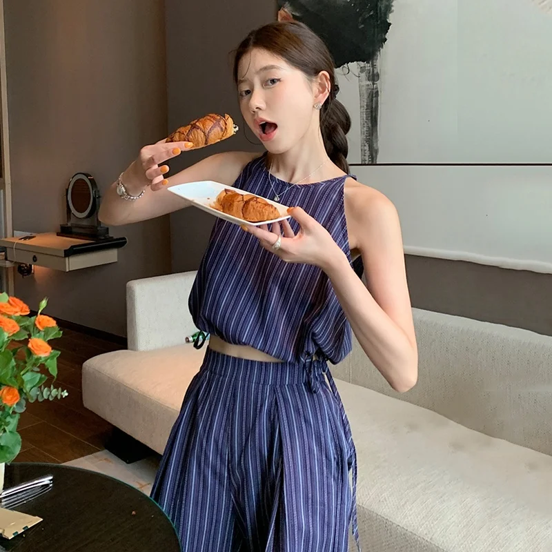 패션 세트 여성용 패션 빈티지 우아한 스트라이프 끈 디테일 슬림핏 여름 하이웨..