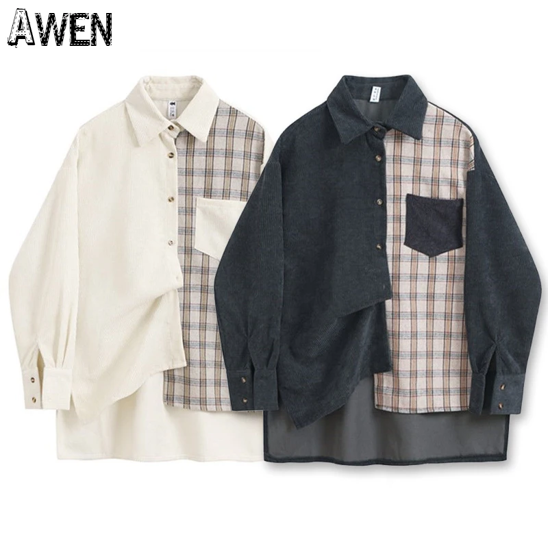 Awen Corduroy Splicing Plaid Shirt for Women Man Fashion Oversized Loose Cardigan Soft Corduroy Korean Lattice Blouse Jacket Top