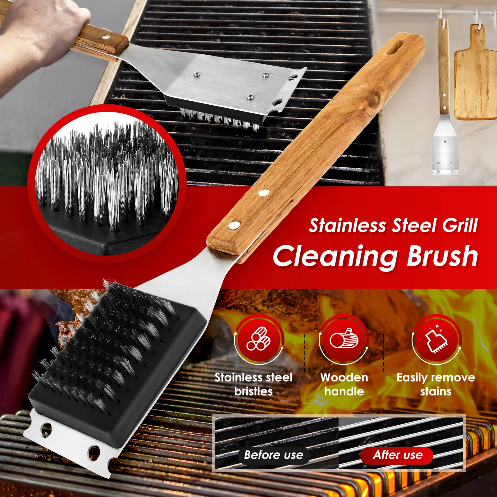 2Pcs Barbecue Brush 15 Inch BBQ Brush Kit Outdoor Effective Grill Cleaning with Wood Handle and Scraper for Grill Cleaning