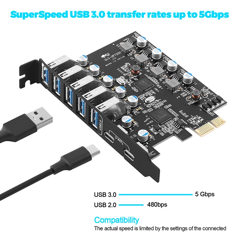 

PCIe USB 3.0 Card Expansion USB-A 5X USB-C 2X PCI Express USB Add In Card Internal USB3 Hub Converter For Desktop PC Host Card