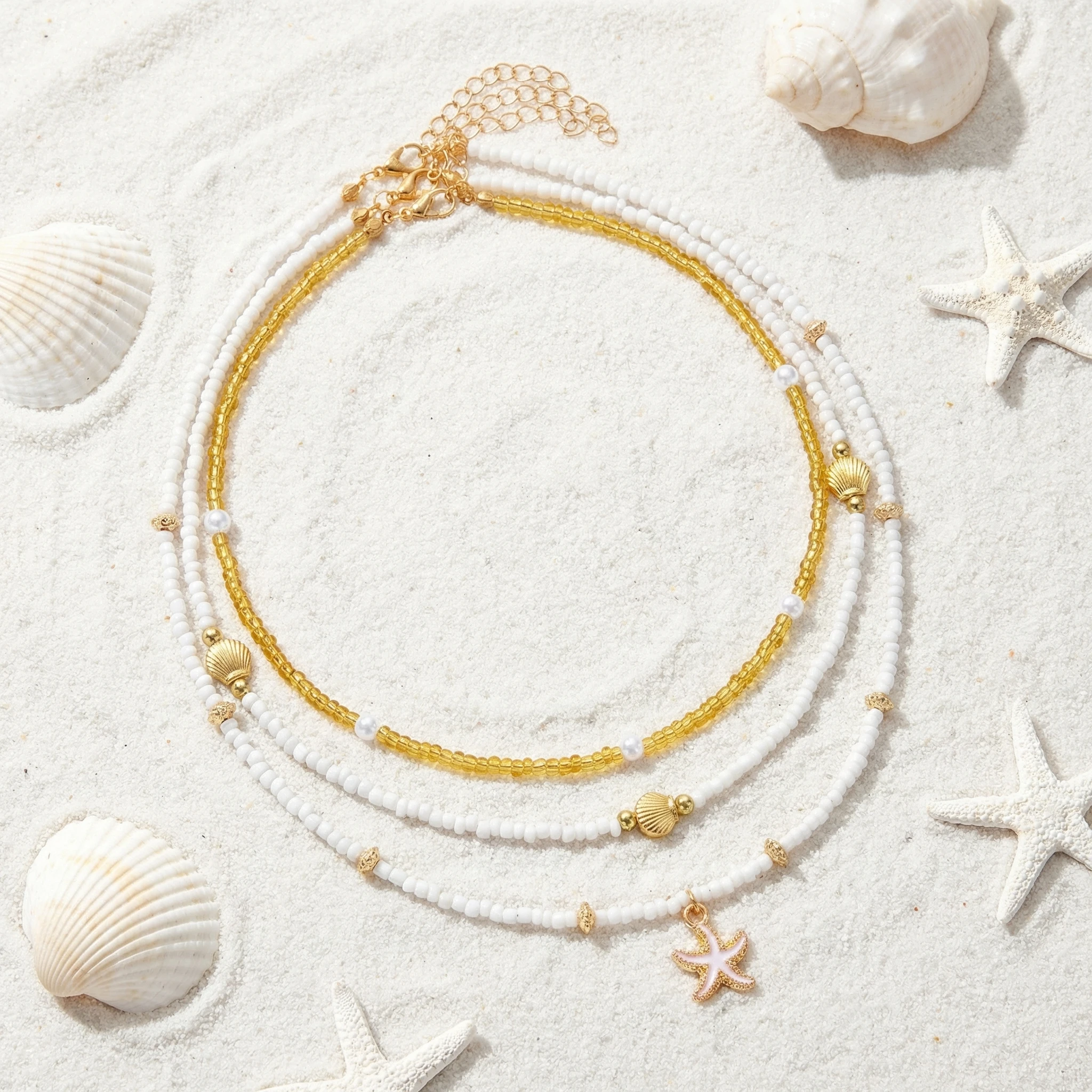 Böhmische Mehrschichtige Perlenkette für Frauen Goldfarben Seestern-Muschel-Anhänger Choker Sommer Strand Urlaub Schmuck Geschenk