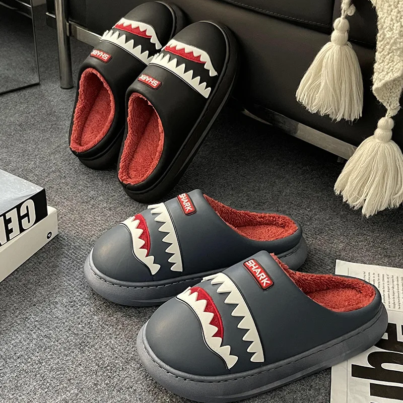 STRONGSHEN Winter Cotton Slippers Men Women Non-slip Waterproof Warm Cartoon Shark Funny Design Fashion  Plush Warm Home Shoes
