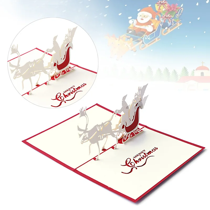 3D Up Christmas Greeting Cards Santa Sleigh Handmade Holiday Postcard with Envelope Set for Xmas New Year Gifts