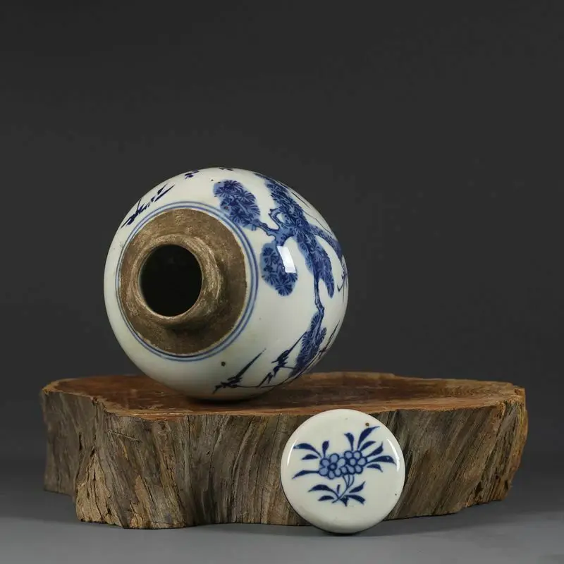 Republic Chinese Blue and white Porcelain hand painted Pine bamboo Jar pot 4.1" vase 4