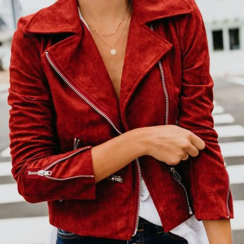 

Зимняя женская короткая куртка из искусственной замши с отложным воротником, мотоциклетная приталенная кожаная куртка с отложным воротником на молнии, Женское пальто с длинным рукавом, модные уличные Топы