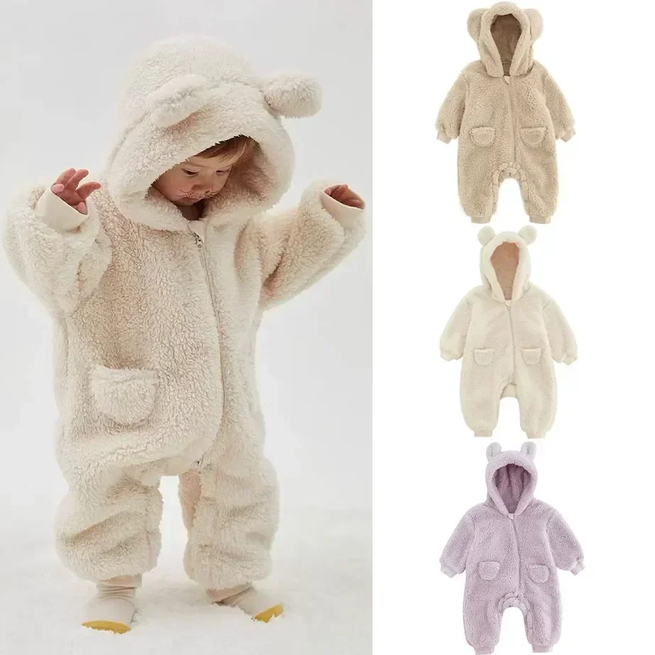 Cute Cartoon Baby Rompers Autumn Warm Fleece Infant Jumpsuits 0-2 Years Baby Boys Girls Homewear Clothing for Winter 1