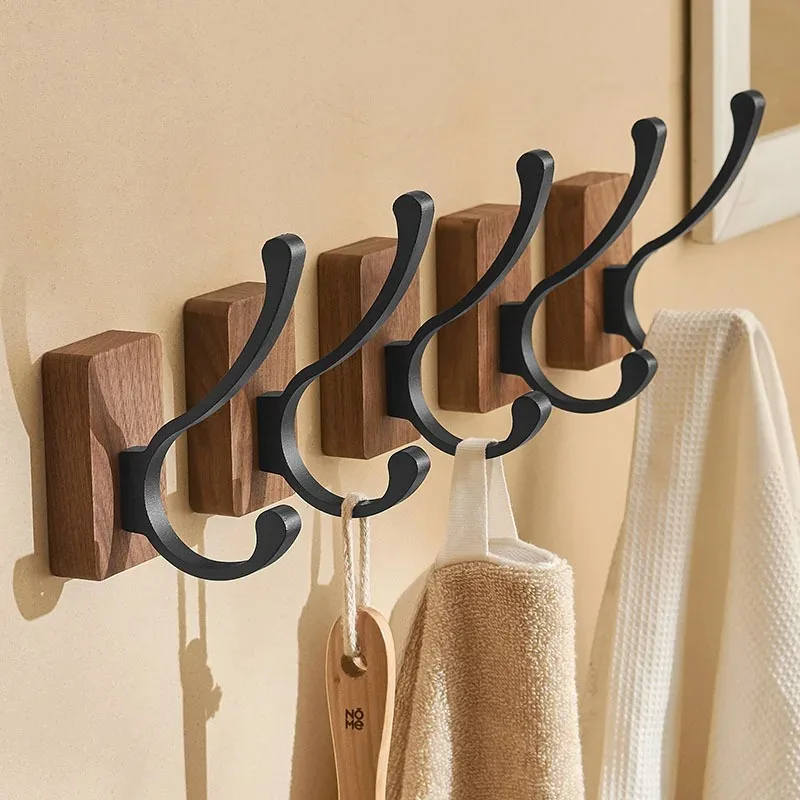 Self-adhesive Solid Wooden Hook Walnut Key Decorative Towel Holder Hook Door Hanger Wall Coat Rack Kitchen Bathroom Organizer 4