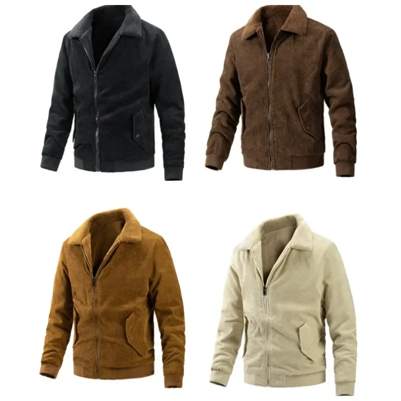 

Men's Trendy Striped Corduroy Jacket Worn on Both Sides Casual Lapel Zip Up Warm Coat Outdoor Thick Jackets for Winter
