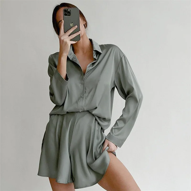 Elegant Stain Green 2 Pieces Shorts Sets Women Causal Loose Home Suit Spring Long Sleeve Blouse With High Wasit Shorts Outfits