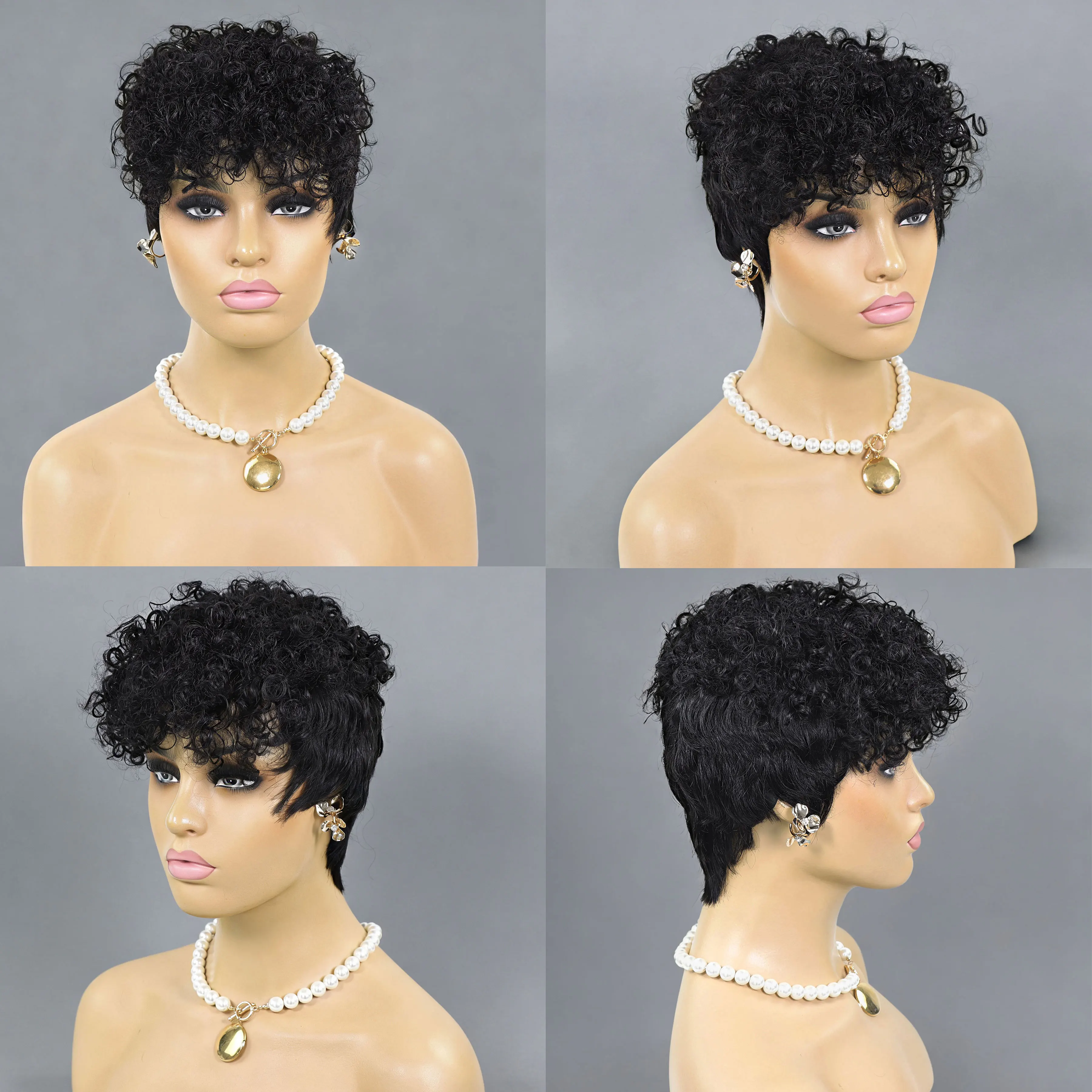 짧은 곱슬머리 픽시컷 인모 가발 (앞머리 포함) 여성용 레이어드 픽시 가발 브라질 레미 헤어 글루리스 풀메이드 밥 가발