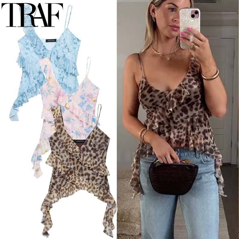 TRAF Leopard Crop Tops For Women Ruffle Sleeveless Printed Tops Summer Backless Tulle Camisole Top Woman Sexy Asymmetrical Top