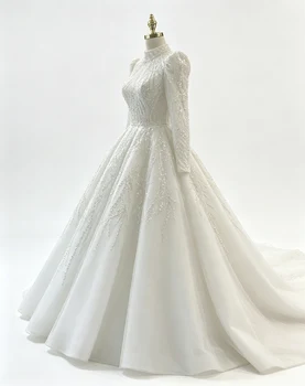 Abito da Sposa Musulmano Personalizzato con Perline per Sposa, Maniche Lunghe, Hijab, Abiti da Sposa Islamici, Collo Alto, Vestiti Arabi da Sposa 2025