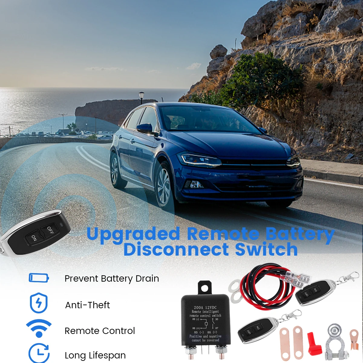 Remote Battery Disconnect Switch 12V 200A Kill Switch for Car Anti Theft Battery Kill with Wireless Remote Control Relay Fobs
