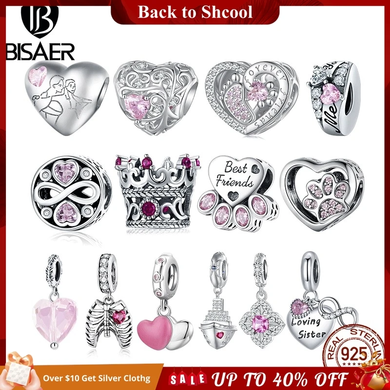 Charm Jewelry Sterling Silver Jewelry Beads Charms Sterling Silver Beads Silver Charm Bead Charm Bead Beads Jewelry Sterling Silver Beads Charm BISAER 925 Sterling Silver Pink Series Charm Heart Safety Chain Bead Pendant Fit Bracelets Mother's Day Lovers Fine Jewelry Gift