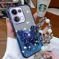 Glitter Plating Phone Case with 3D Butterfly Holder and Bead Bracelet Back Cover for Reno 13F (Blue)