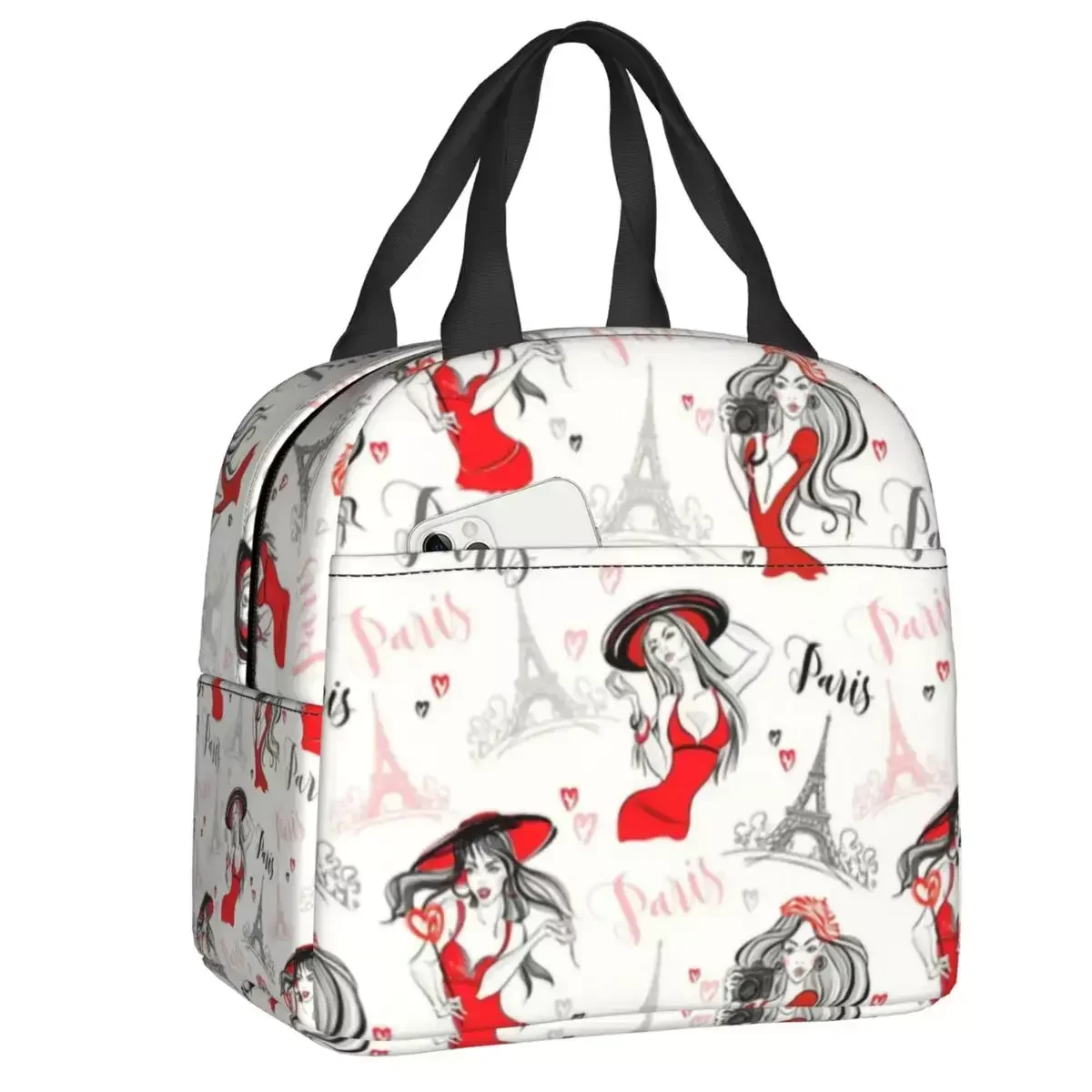 

2024 New Paris Eiffel Tower Love Insulated Lunch Bags For Work School Portable Cooler Thermal Lunch Box Women Kids