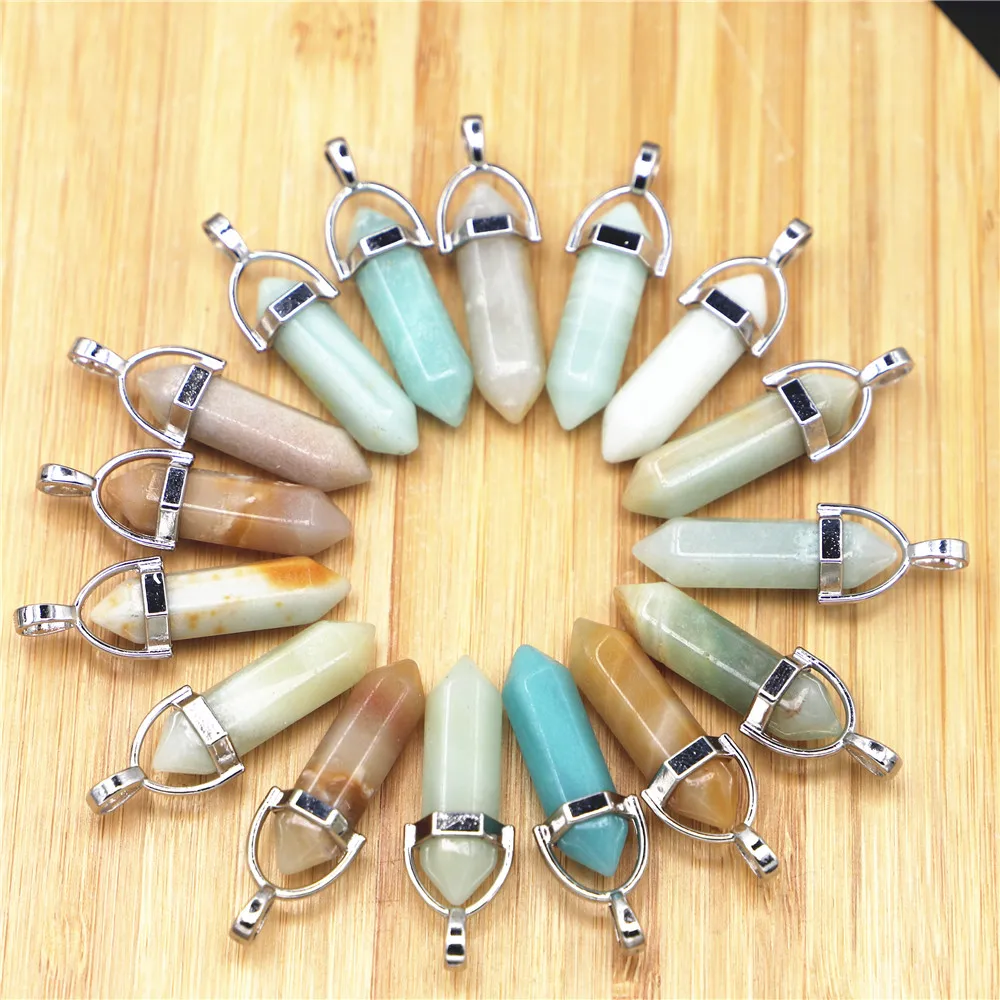New Natural Gems Stone Amazonite Pillar Point Pendulum Pendant Charm Hexagonal Necklace for Making Women Spiritual Jewelry 24pcs