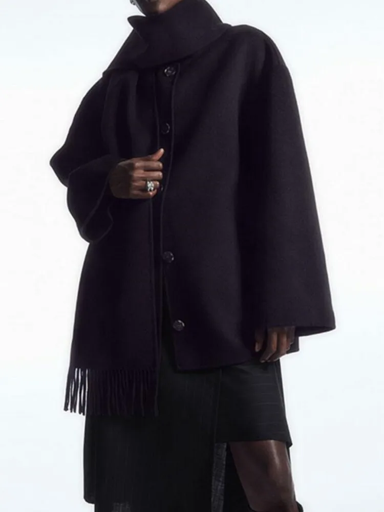 

Solid Warm Thicken Wool Coat Women Elegant Long Sleeve Single Breasted Warm Coats With Scraf Female Casual Commuter Outerwear