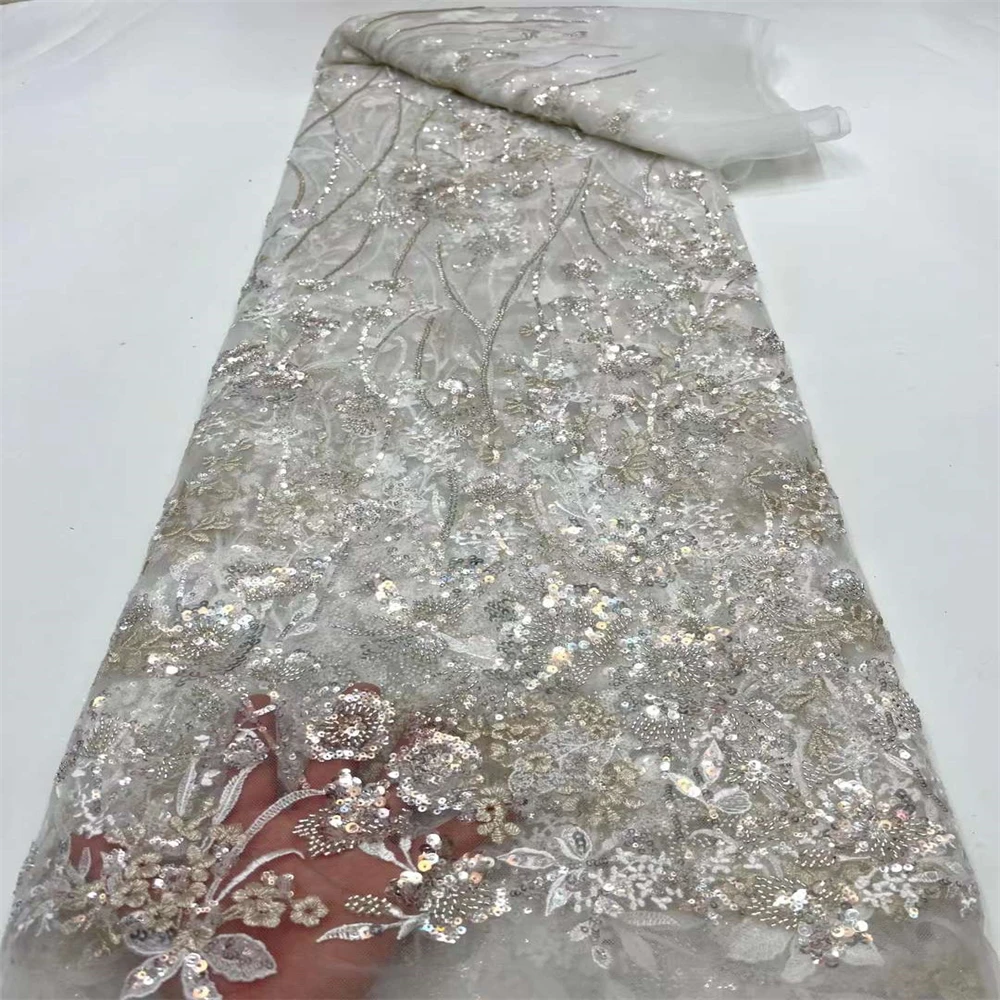 

SJ Lace Beaded Tulle Mesh Fabric African Lace Fabric 2023 High Quality Lace Wedding Gown Dress Sewing Fabric Wedding xc-0400