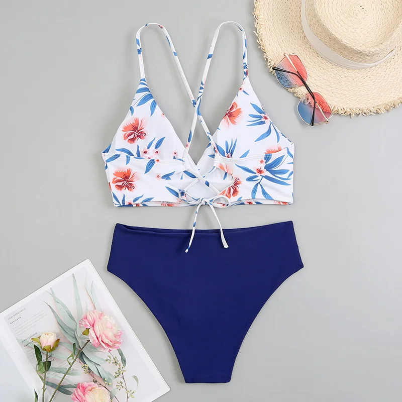swimwear Sexy Mid Waist Bikinis 2022 New Halter Swimwear Women Swimsuit Female Bikini Set Print Bodysuit Bathing Suit Summer Biquini plus size bikini sets