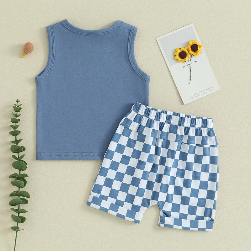 2023-12-09 lioraitiin Summer Baby Boy Clothes Solid Sleeveless Tank Top Checkered Shorts 2Pcs Outfit Set 5