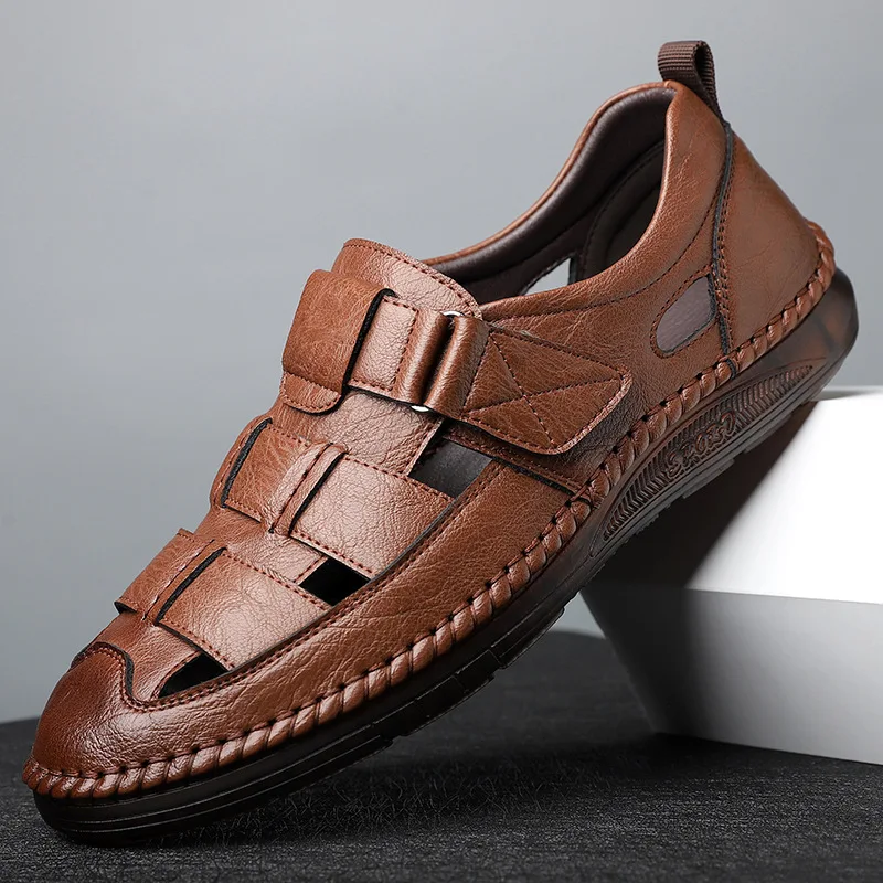 

Кожаные сандалии Bao head, Новинка лета 2024, дышащая мужская Мягкая подошва с вырезами и сухожилием