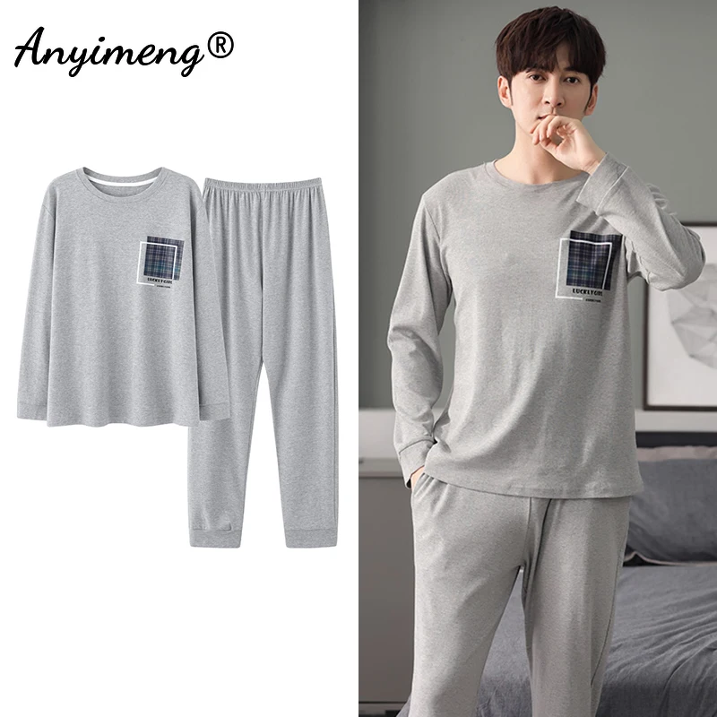 Korean Minimalist Style Man Pajamas Set Long Sleeve Loungewear Cotton Sleepwear for Boy Leisure Mens Pijamas Fashion Homesuits mens silk pajamas Pajama Sets