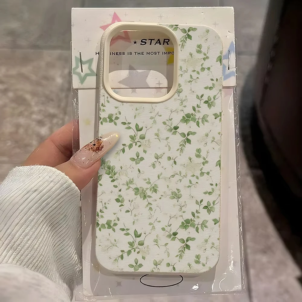 Green Leaf Pattern Lychee Soft Shockproof Phone Case Cover
