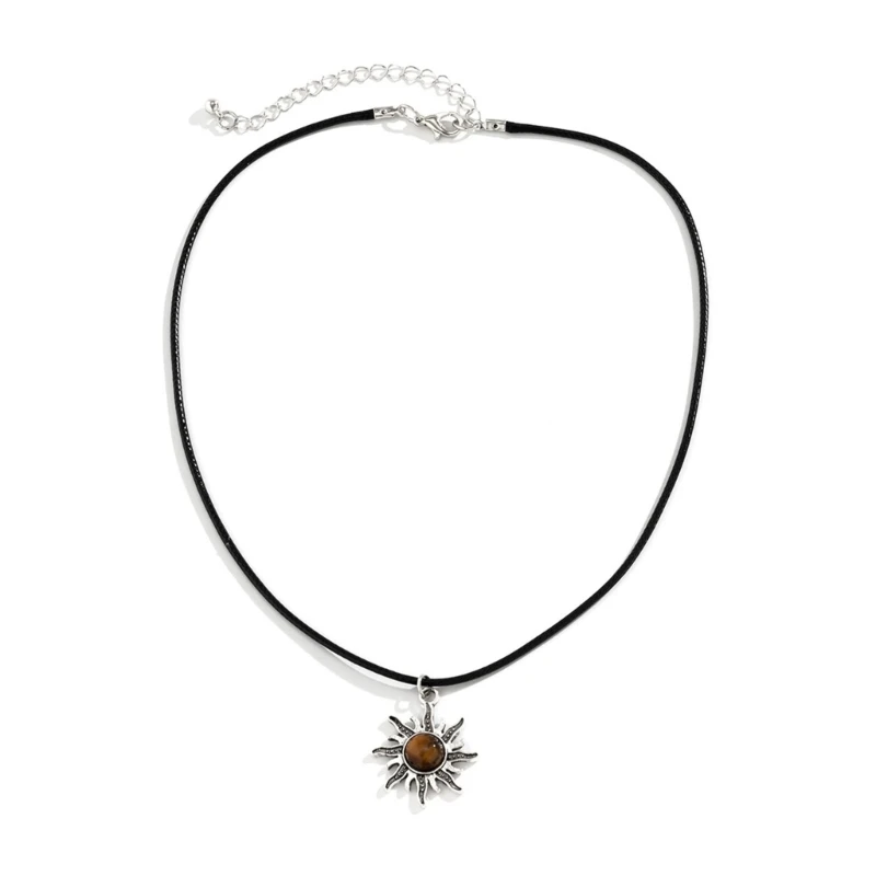 

Turquoise Sun Necklace Y2K Hip Hop Cool Waxed Leather Rope Choker Necklace