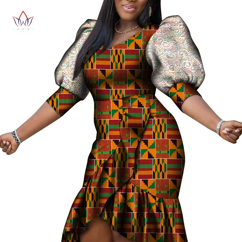 BintaRealWax Dashiki Women's Clothing Vestidos Plus Size African Ruffle Party Dress Knee Length Women African Clothing WY8272