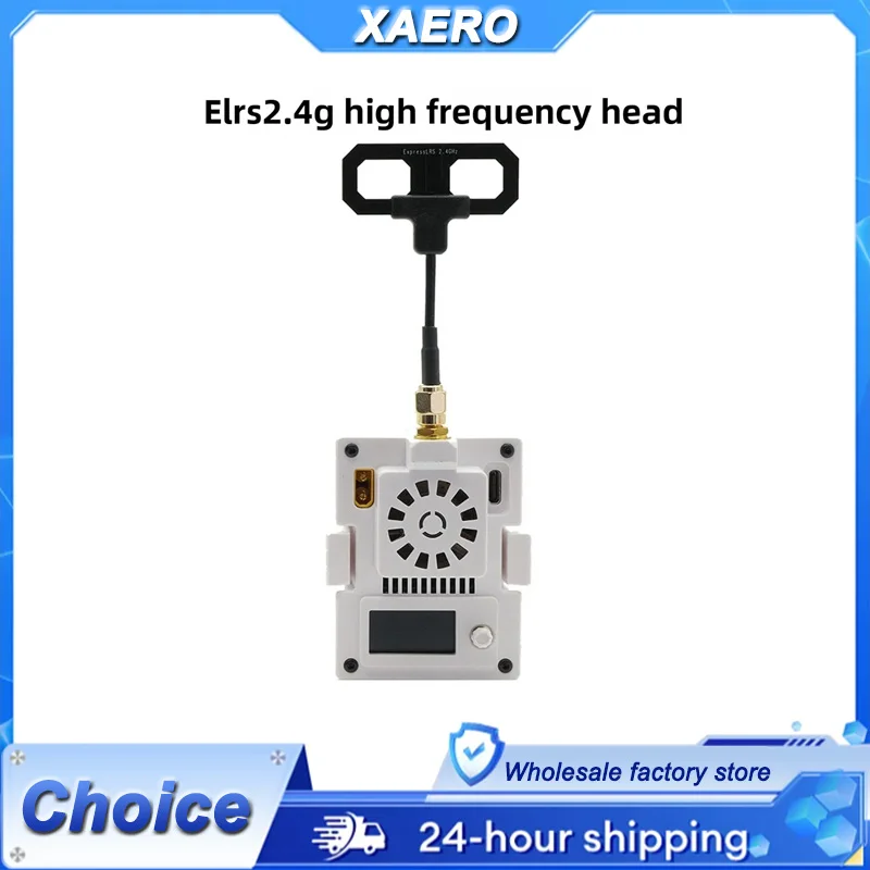 Vue de face du module ELRS Micro TX avec antenne et connecteurs, amplificateur de signal longue portée pour drone FPV