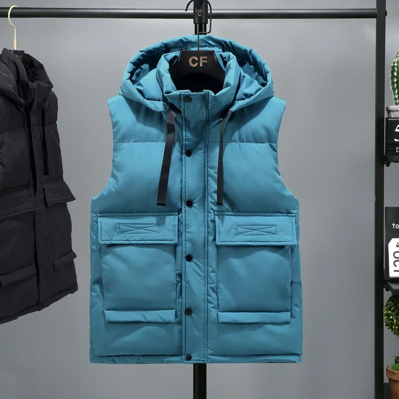 

New Autumn Winter Mens Vest Outdoor Casual Hooded Windbreakers Warm Cotton Padded Waistcoat Large Size L-4XL Youth For Men